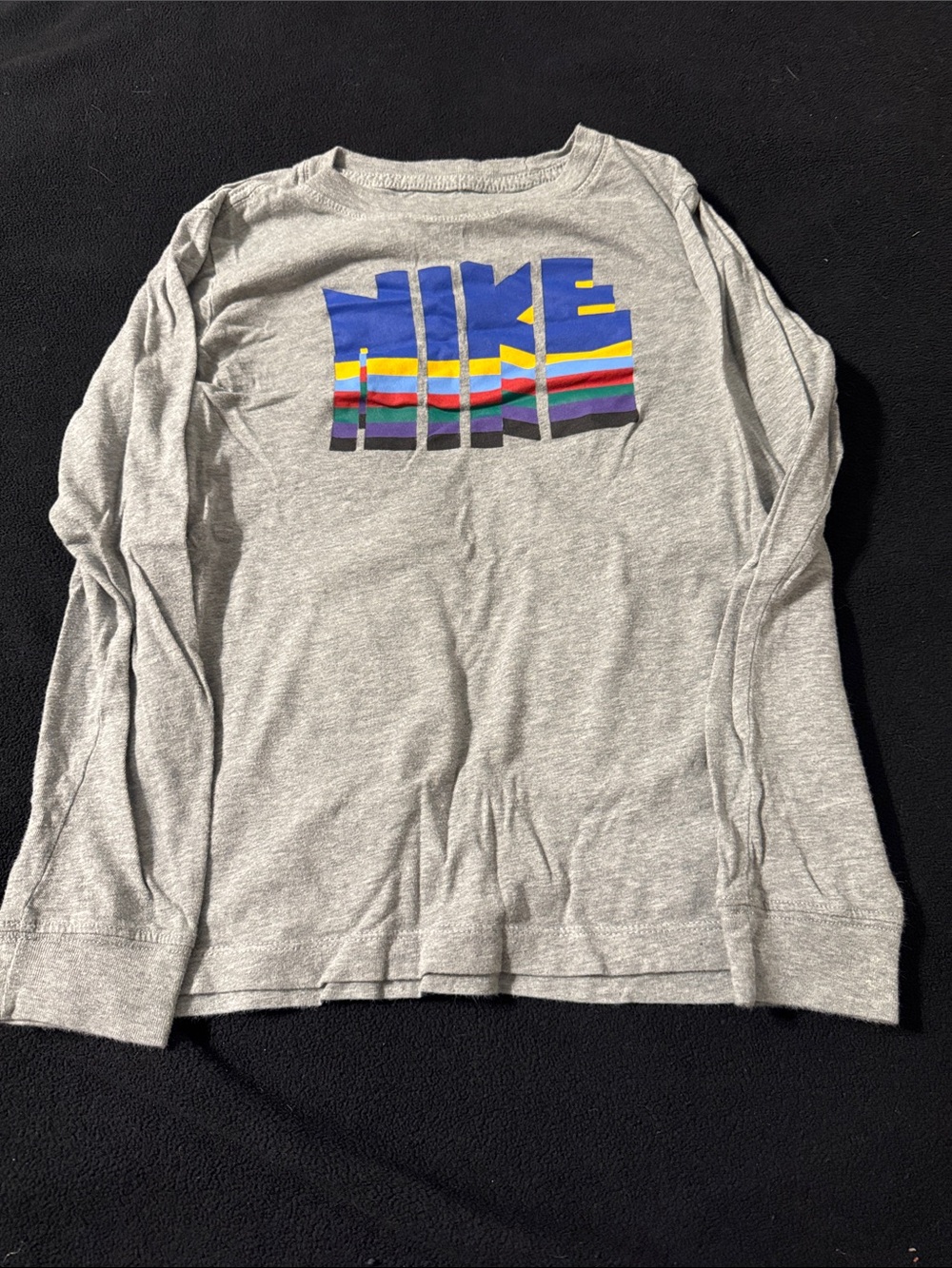 Nike Gray Long-Sleeve Tee with Multicolor Stripe Logo
